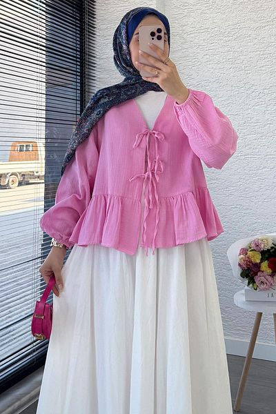 MELEK ARAZ Six Ruffle Detail Front Tie Muslin Kimono -Pink