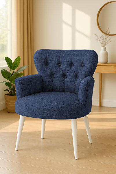 Azra Mobilya Lacivert Keten Kumaş Tekli Koltuk Berjer - Cafe Koltuğu - Bekleme Koltuğu - Beyaz Ayak