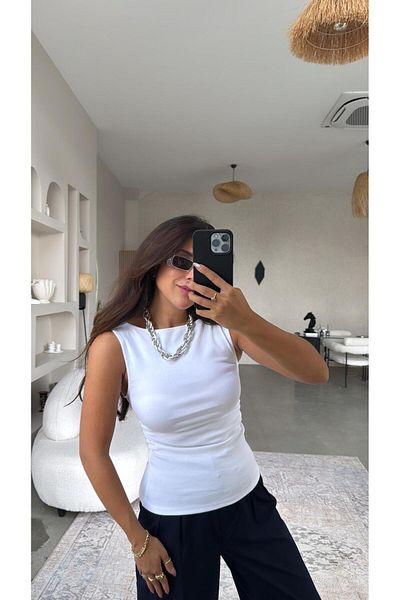 Buket Teke White Gathered Side Boat Neck Cotton Blouse