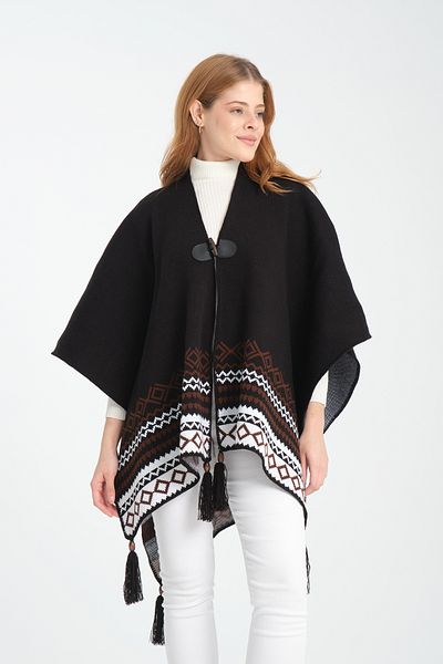 T Crazy T-Crazy Geometric Pattern Woven Knitwear Poncho, Leather Detail Tassel Women's Outerwear