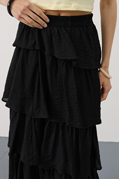 VAGGON Women's Black Elastic Waist Layered Cut Long Skirt Vs00557