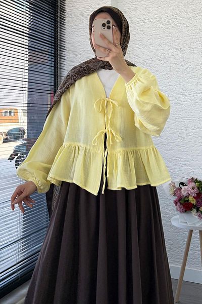 MELEK ARAZ Six Ruffle Detail Front Tie Muslin Kimono - Yellow