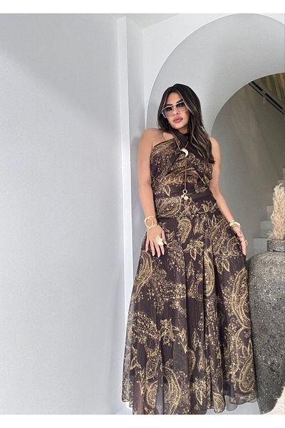 369 etnik butik Patterned Halter Neck Crop Top & Pleated Maxi Skirt 2-Piece Set – Women (Color Options)