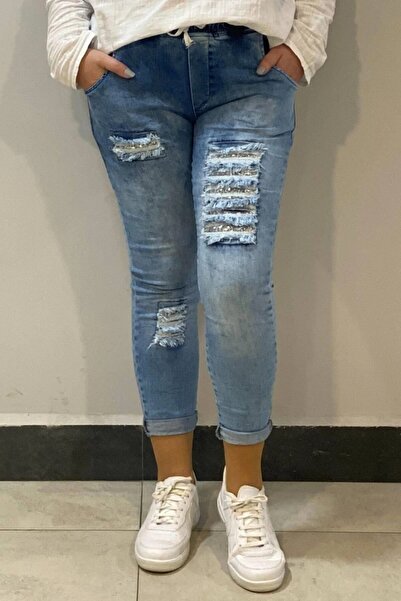 Mia Butik Women's Blue Sequin Detailed Full Lycra Jeans