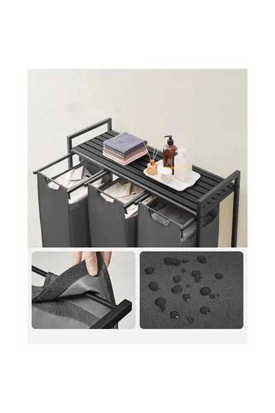 Leobert Bathroom Shelf with Laundry Baskets, Artool, MDF Shelf, Steel Frame, 3 Compartments, Black and Gray,