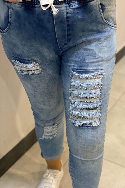 Mia Butik Women's Blue Sequin Detailed Full Lycra Jeans