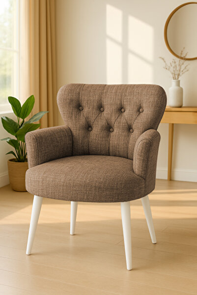 Azra Mobilya Kahverengi Keten Kumaş Tekli Koltuk Berjer - Cafe Koltuğu - Bekleme Koltuğu - Beyaz Ayak