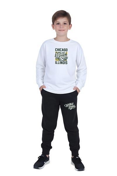 YA KO KİDS Round Neck Chicago Printed Detail Boy's Track Suit