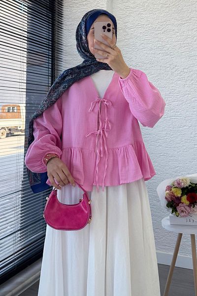 MELEK ARAZ Six Ruffle Detail Front Tie Muslin Kimono -Pink