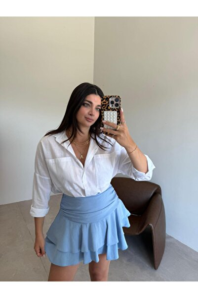 Bade Butik Fusta mini albastră cu volan și pantaloni scurți