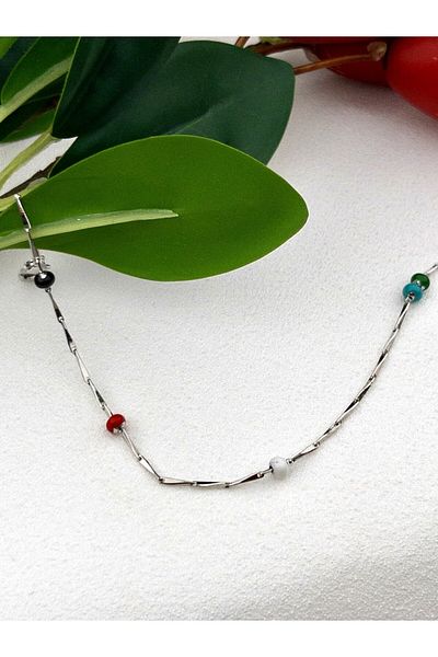 Siya Silver Mixed Color Beaded Steel Anklet