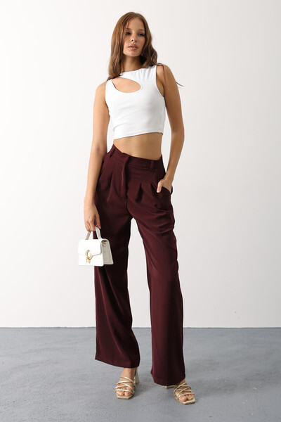VAGGON Women's Burgundy Double Pleated Palazzo Pants Vs00650