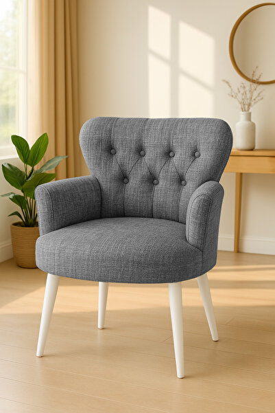 Azra Mobilya Gri Keten Kumaş Tekli Koltuk Berjer - Cafe Koltuğu - Bekleme Koltuğu - Beyaz Ayak