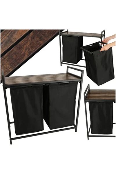 Avex Large Laundry Basket with Two Compartments, Shelf, and Wooden Top, LOFT Model, Black Color