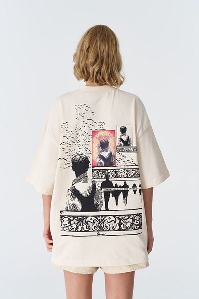 fame-stoned Alienation Printed, Embroidered 100% Cotton Oversize Unisex Ecru T-Shirt