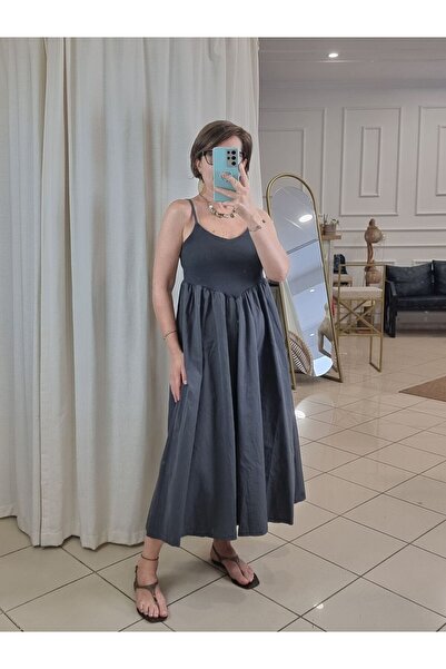 pudubutik Koton Poplin Flounced Dress Anthracite