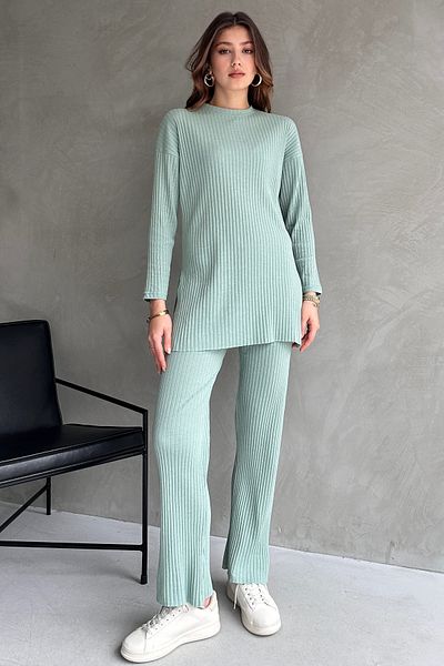 EYYE Cotton Ribbed Women's Blouse Trousers Double Set