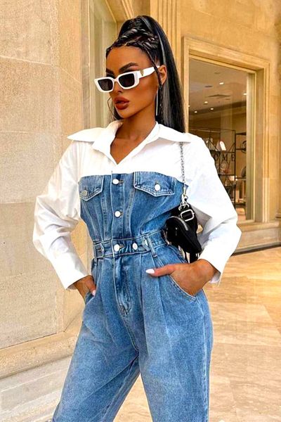 FashionForYou Phares denim jumpsuit, two-tone texture with a highlighted waist, Blue/White, XL