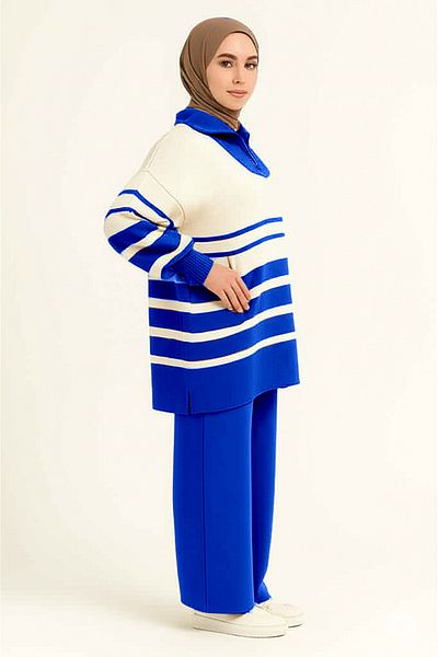 Sonbaharmoda Women's Zipper Striped Shirt Collar Knitwear Set – Sweater and Pants
