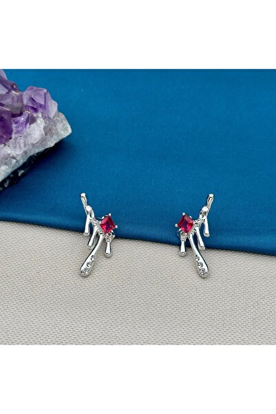 Opia Takı & Aksesuar Steel Dark Pink Stone Flowing Water Drop Earrings