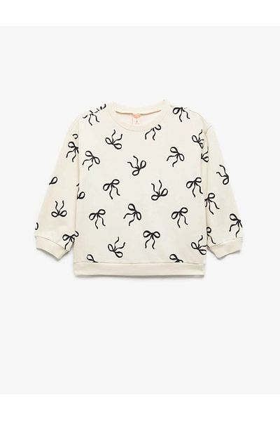 Koton Bow Printed Long Sleeve Crew Neck Cotton Sweatshirt