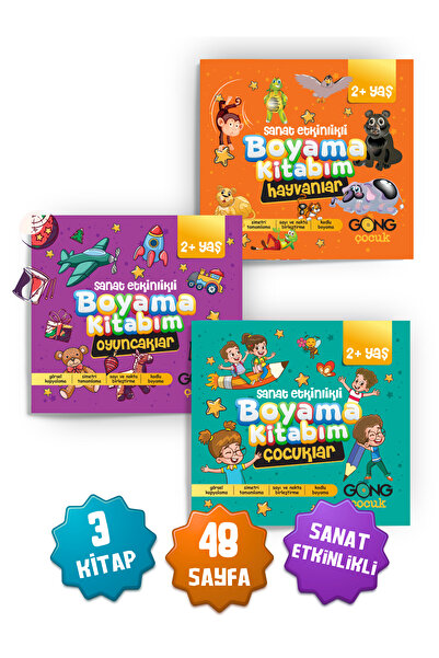 Gong Çocuklar için Sanat Etkinlikli 3'lü Boyama Kitabı Seti 2 Yaş ve Üzeri