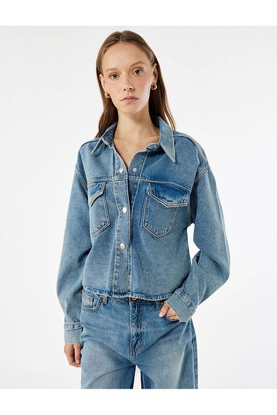 Koton Classic Collar Buttoned Pocket Stoned Denim Light Indigo Women's Jacket 6Wal50005Md