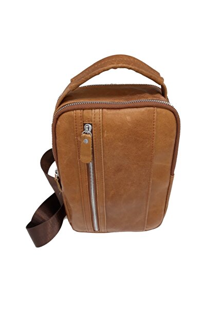 L-line fashion Men's bag, made of genuine leather, camel brown, with two main compartments, size 27/18/7cm