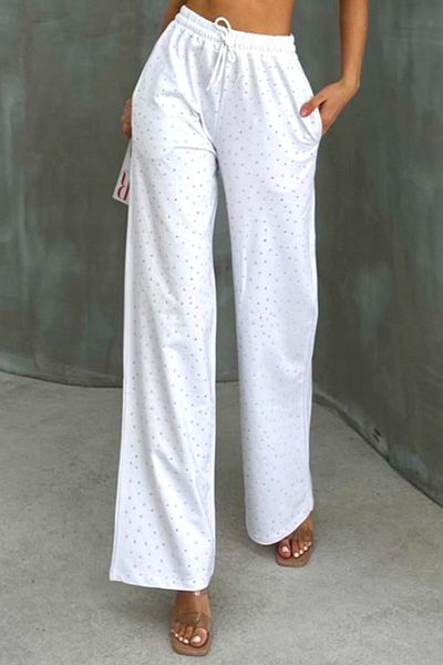 FashionForYou Emma casual pants, with applied crystals and wide leg cut, White, L