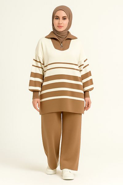 Sonbaharmoda Women's Zipper Striped Shirt Collar Knitwear Set – Sweater and Pants