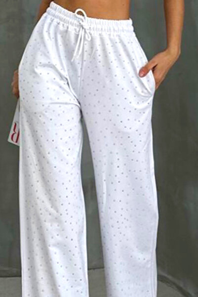 FashionForYou Emma casual pants, with applied crystals and wide leg cut, White