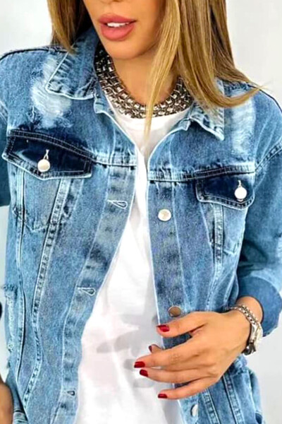 FashionForYou Geaca din denim SRI Lanka, cu perforatii multiple si aspect prespalat, Albastru