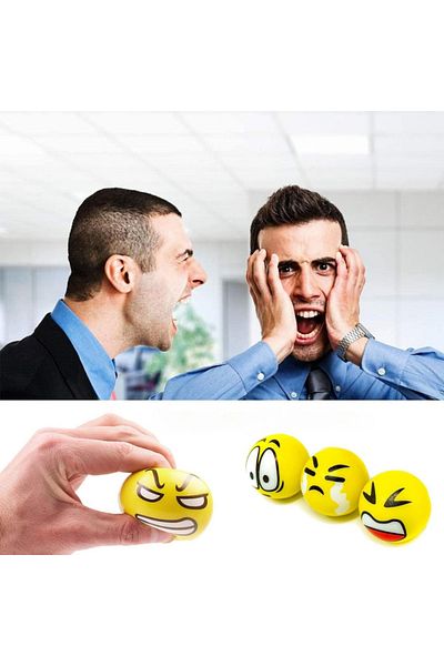 MNS Set of 12 yellow anti-stress balls with funny facial expressions, ideal for calming and concentratin