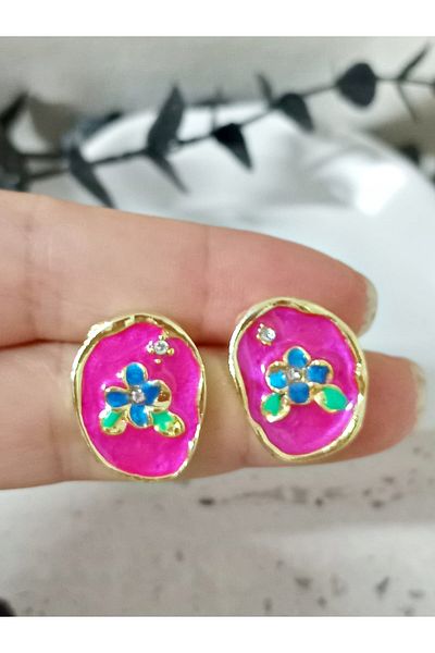 mos&more Fuchsia Enamel Flower Shapeless Gold Earrings