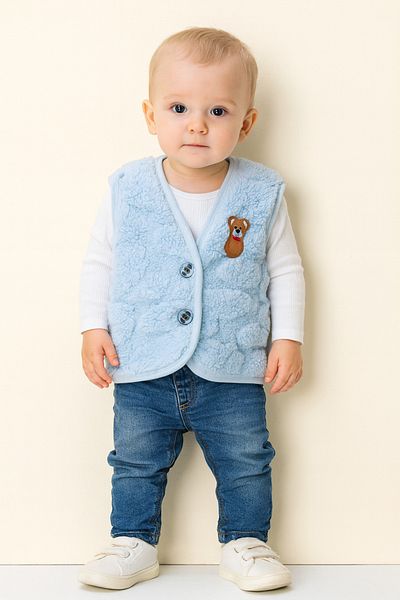 minikiss Plush Welsoft Embossed Fabric Buttoned and Teddy Bear Patterned Baby Kids Vest