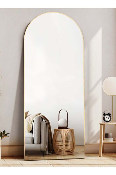 Generic Full Length Mirror, 165x60cm Arch Mirror Floor Mirror with Stand, Gold Arched Full Body Standing or
