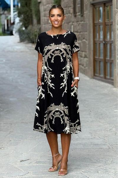 Nevin Kaya Moda Cream Black Color Sea Patterned Dress