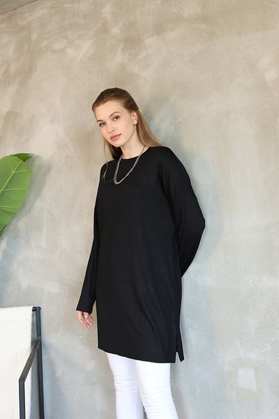 LUQAJ Modest Low Sleeve Black Oversize Lycra Modal Combed Cotton Hijab Basic Tunic