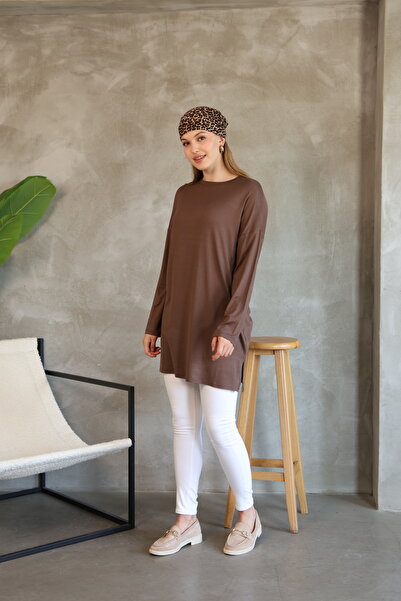 LUQAJ Modest Low Sleeve Brown Oversize Lycra Modal Combed Cotton Hijab Basic Tunic
