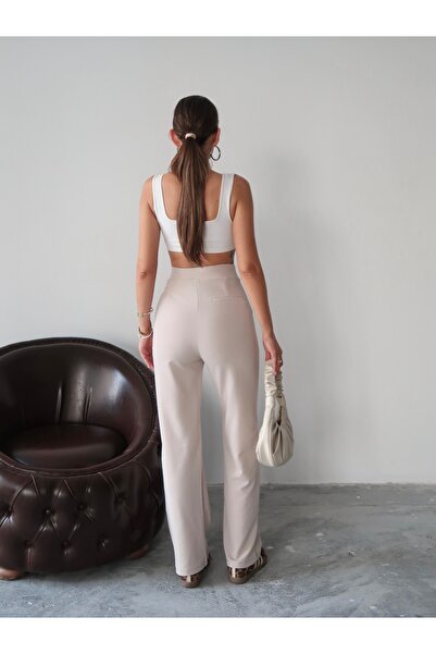 Paw Garage Kadın Valeria Beli Cırt Cırtlı Palazzo Pantolon, Krep Kumaş, 4 Mevsim