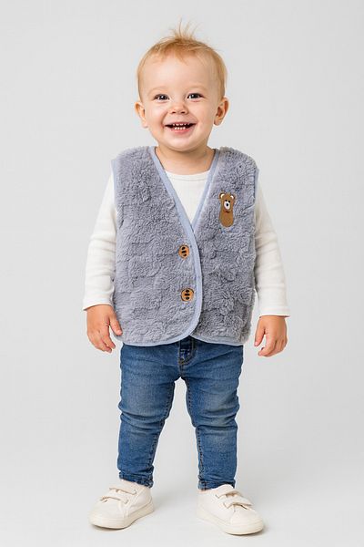 minikiss Plush Welsoft Embossed Fabric Buttoned and Teddy Bear Patterned Baby Kids Vest