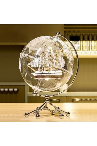 Generic Rotating World Globe with LED Light & Mini Sailboat - Transparent Gold Design