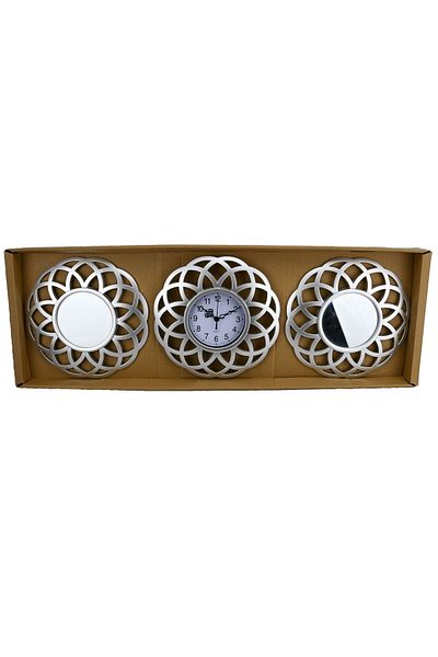 Generic 3 Piece Mirror and Wall Clock Set for Living Room, Modern Silver Wall Clock with White Mirror Wall