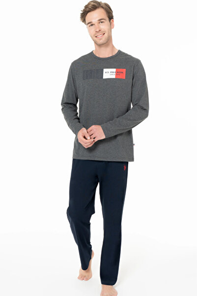 U.S. Polo Assn. Set de pijamale pentru bărbați, cu buzunare, mâneci lungi, guler rotund , Polo pe piept cu imprimeu , antracit