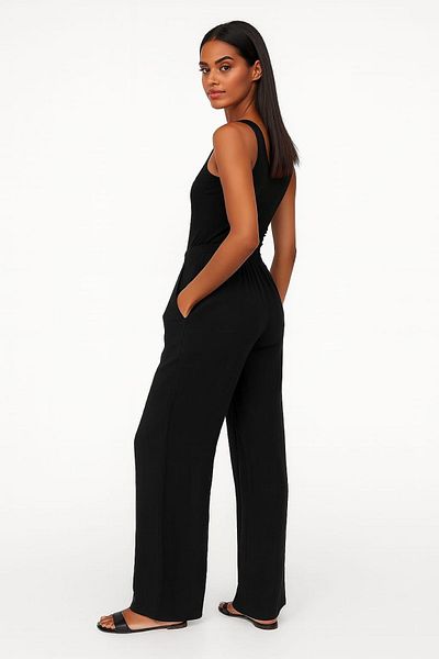 enmodaiçgiyim Black 100% Cotton Muslin Fabric Wide Leg Comfortable Fit Women's Trousers with Two Pockets