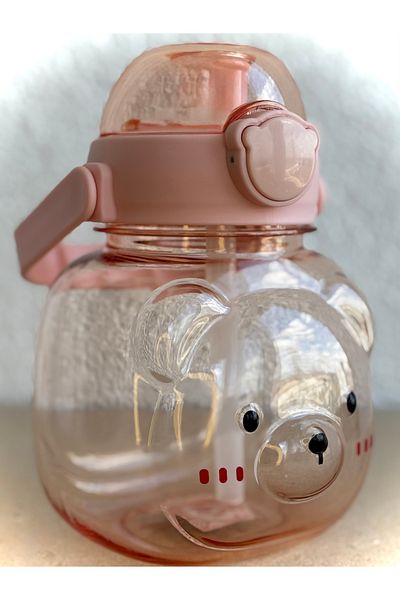 ALİA HOME Pink Teddy Bear Figured Children's Water Bottle – 1000 ml Bpa-Free Plastic Bottle with Straw