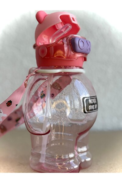 ALİA HOME Pink Teddy Bear Figured Children's Water Bottle – 1000 ml Bpa-Free Water Bottle with Straw “Never Give Up”
