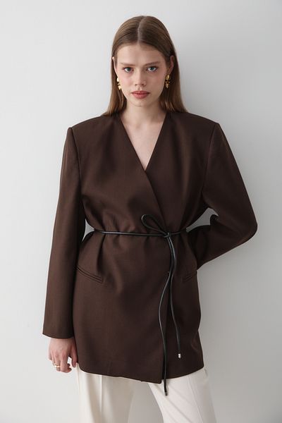 JASTE Women's Double Breasted Belt Detailed Oversize Blazer Jacket