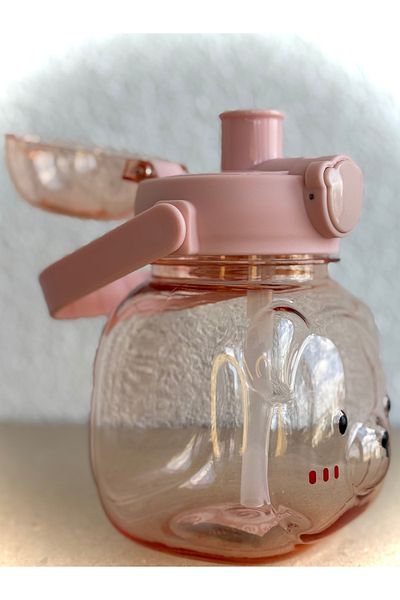 ALİA HOME Pink Teddy Bear Figured Children's Water Bottle – 1000 ml Bpa-Free Plastic Bottle with Straw