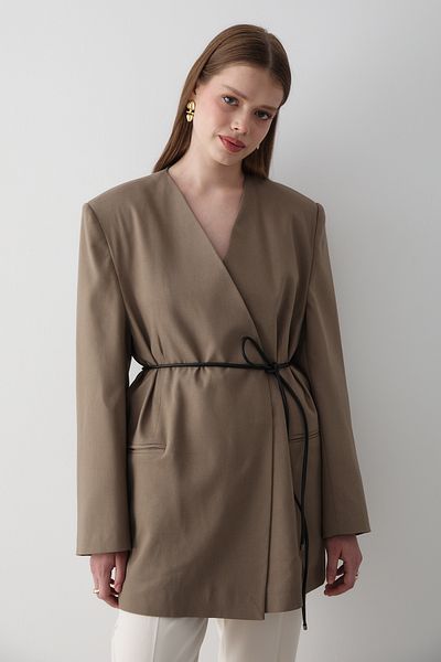 JASTE Women's Double Breasted Belt Detailed Oversize Blazer Jacket